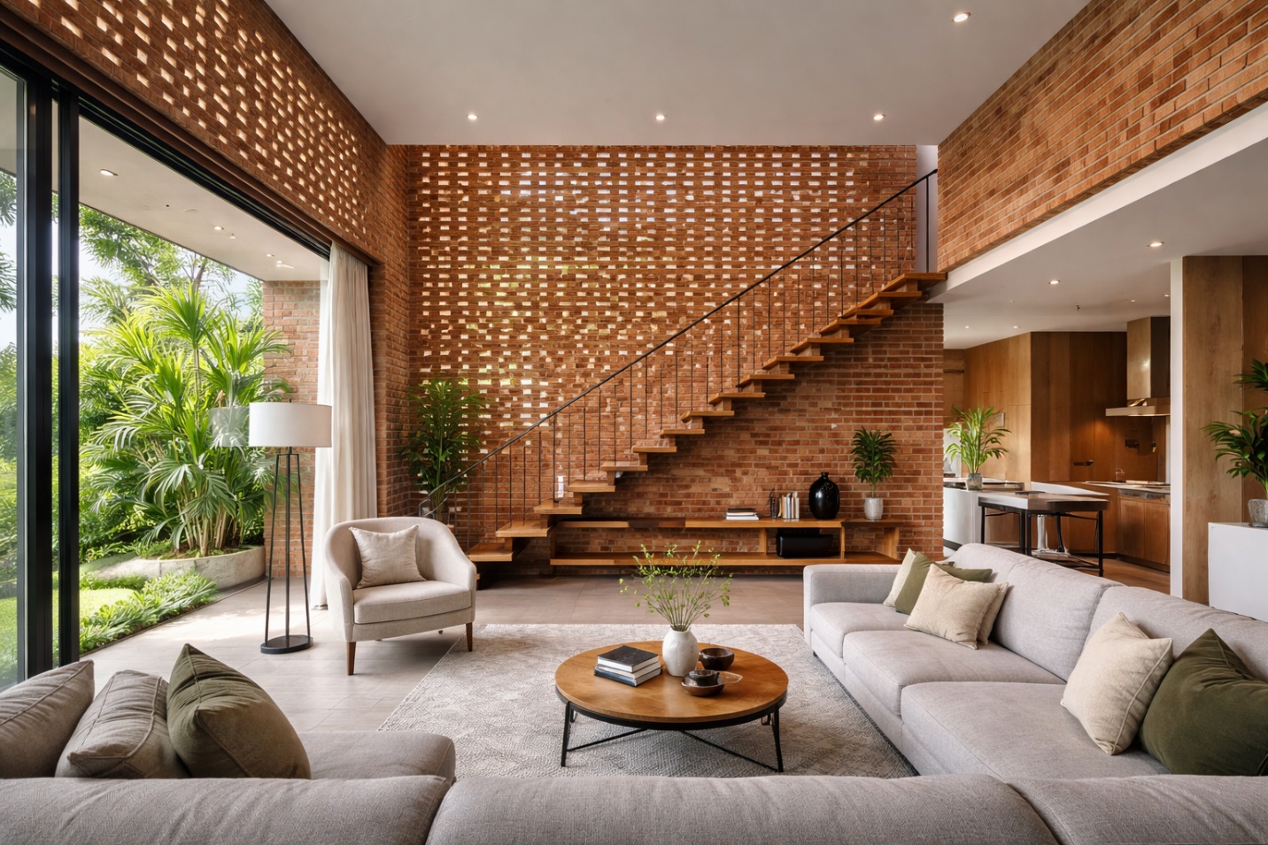 A living room with a staircase and a couchAI-generated content may be incorrect.
