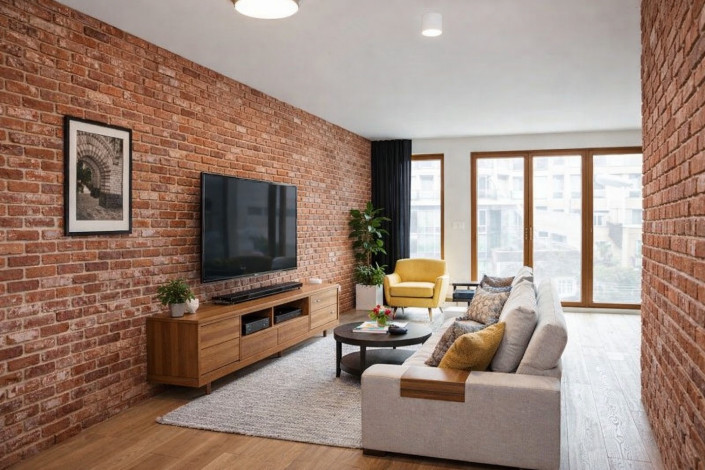 A living room with a brick wall and a televisionAI-generated content may be incorrect.