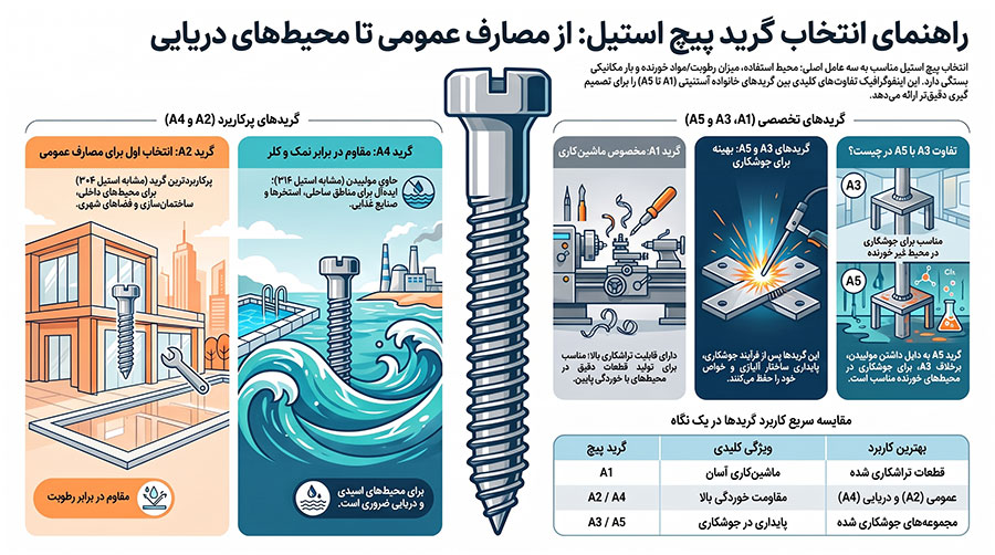 اینفوگرافیک مقایسه گریدهای پیچ استیل A1 تا A5 و کاربرد هر کدام